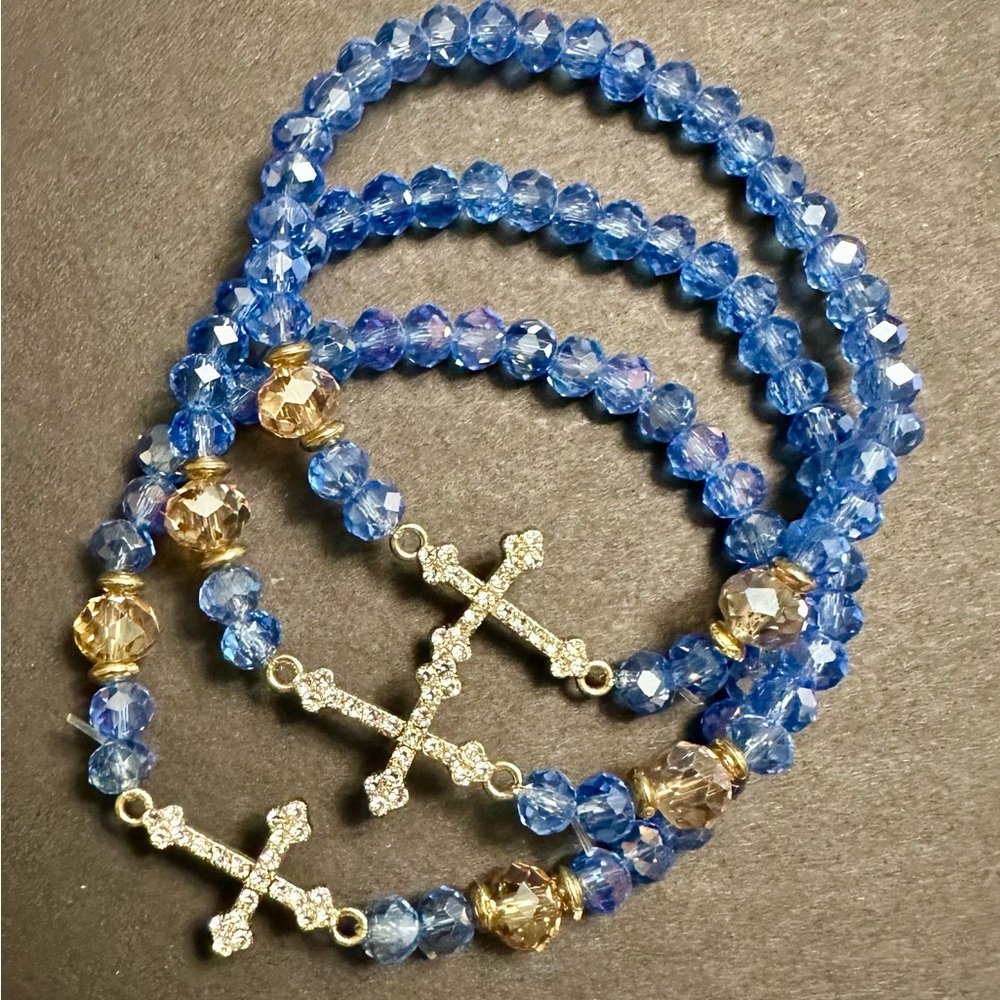 (3) Light Blue and Gold Beaded Cross Bracelets